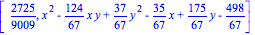 [2725/9009, x^2-124/67*x*y+37/67*y^2-35/67*x+175/67*y-498/67]